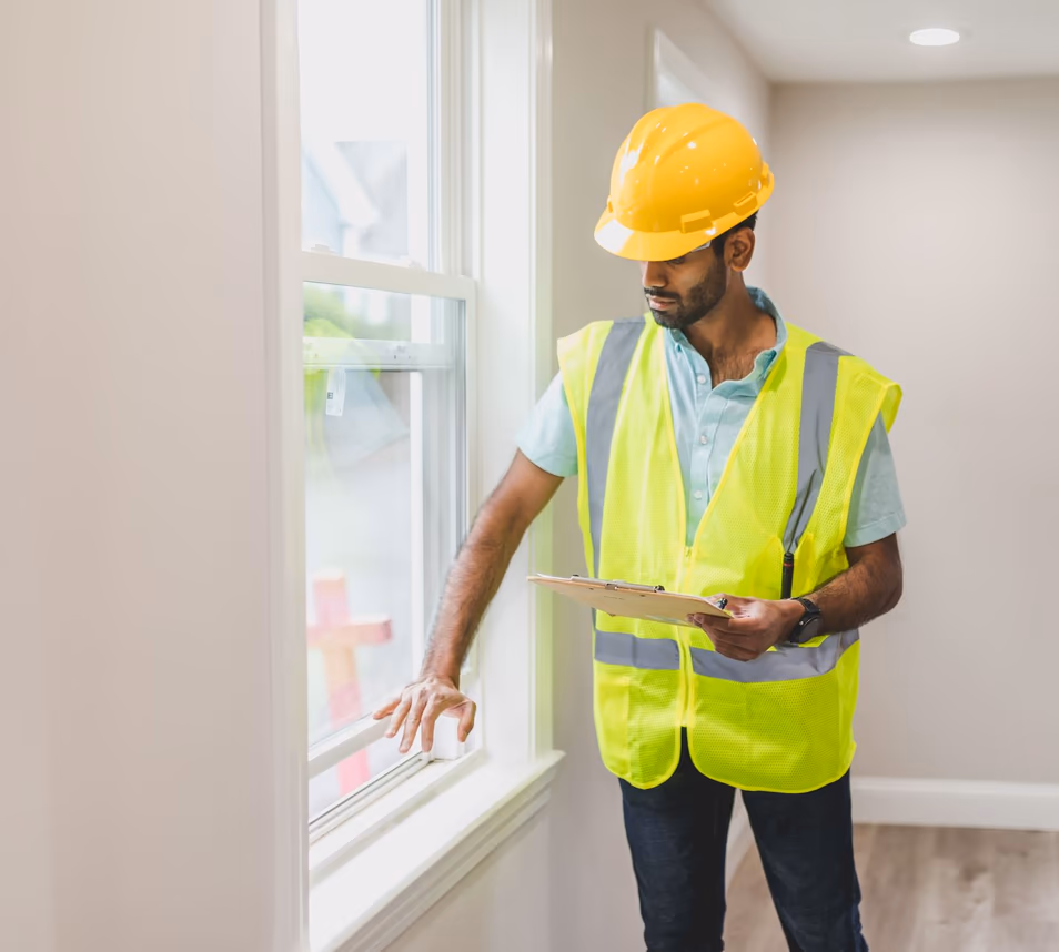Technicien en gilet de sécurité et casque examinant le tableau et l'appui d'une fenêtre depuis l'intérieur d'un logement, porte-bloc en main