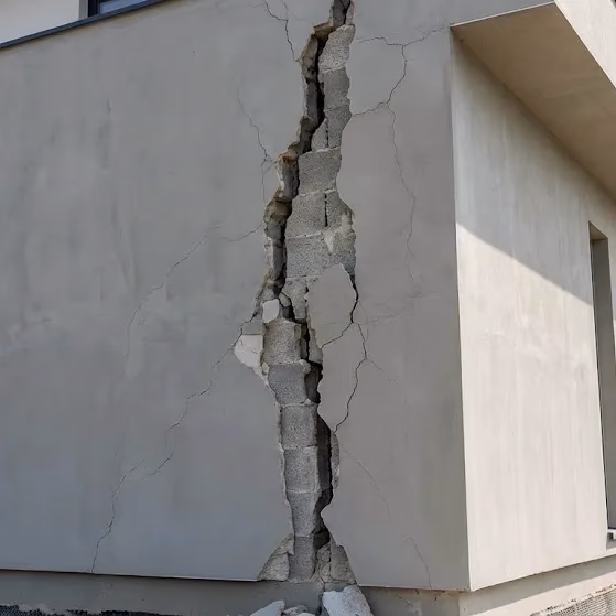 Angle de façade enduite portant une fissure traversante ouverte sur la maçonnerie et un réseau de faïençage superficiel autour
