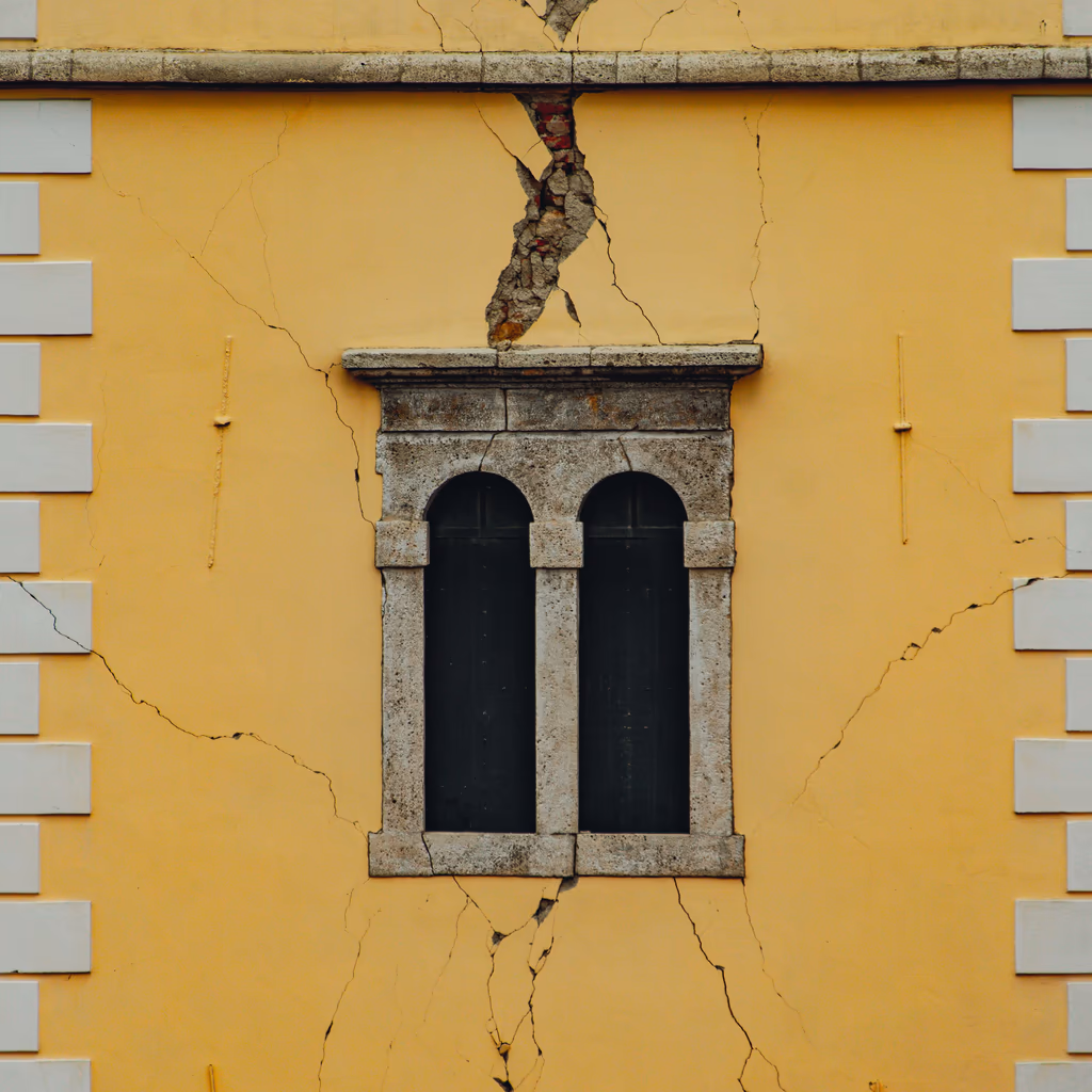 Façade enduite parcourue de fissures qui partent du bandeau et des angles de la baie, avec l'enduit éclaté au droit de la fissure principale