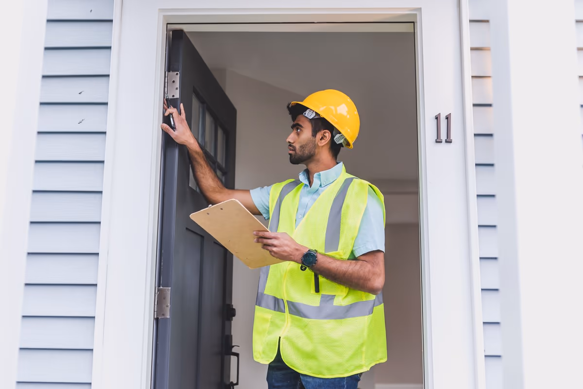 Professionnel du bâtiment examinant la porte et le seuil d'entrée d'un local, porte-bloc à la main, lors d'un relevé de l'existant sur site