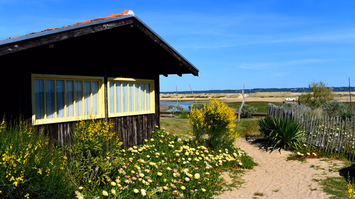 Maison en bois sombre au bord du Bassin d'Arcachon, menuiseries jaunes, sable et végétation de dune devant l'eau