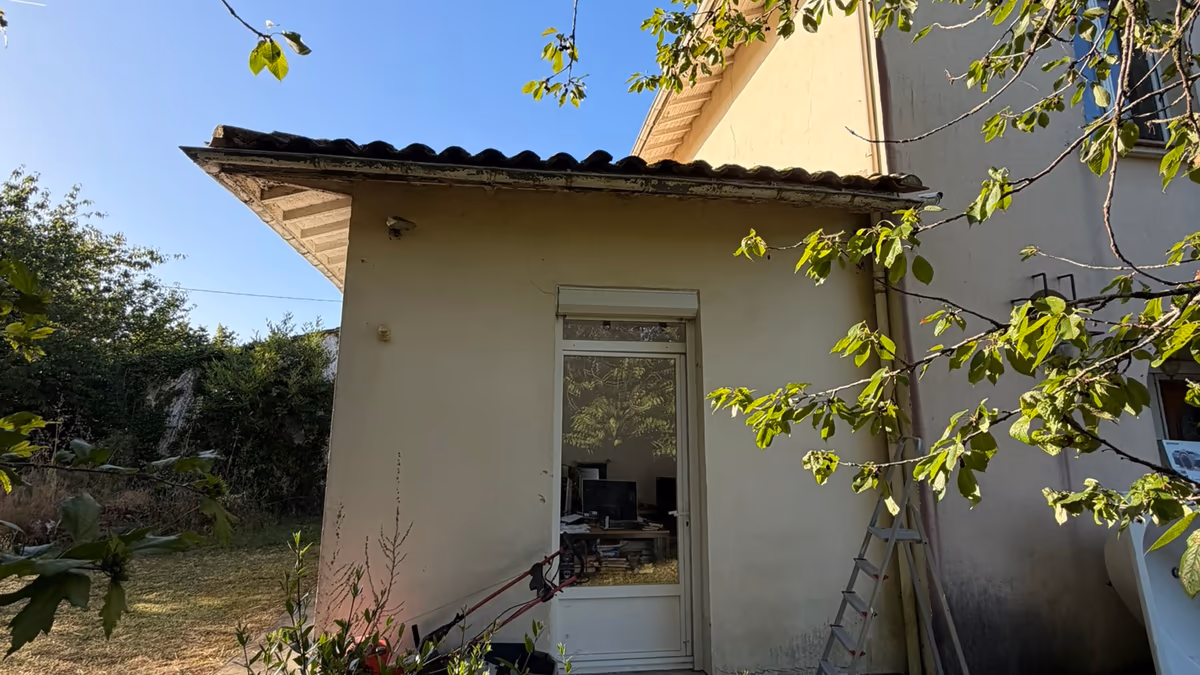 Branches d'un grand arbre feuillu au-dessus d'une extension de plain-pied enduite, accolée à une maison individuelle, sur une pelouse jaunie par le soleil