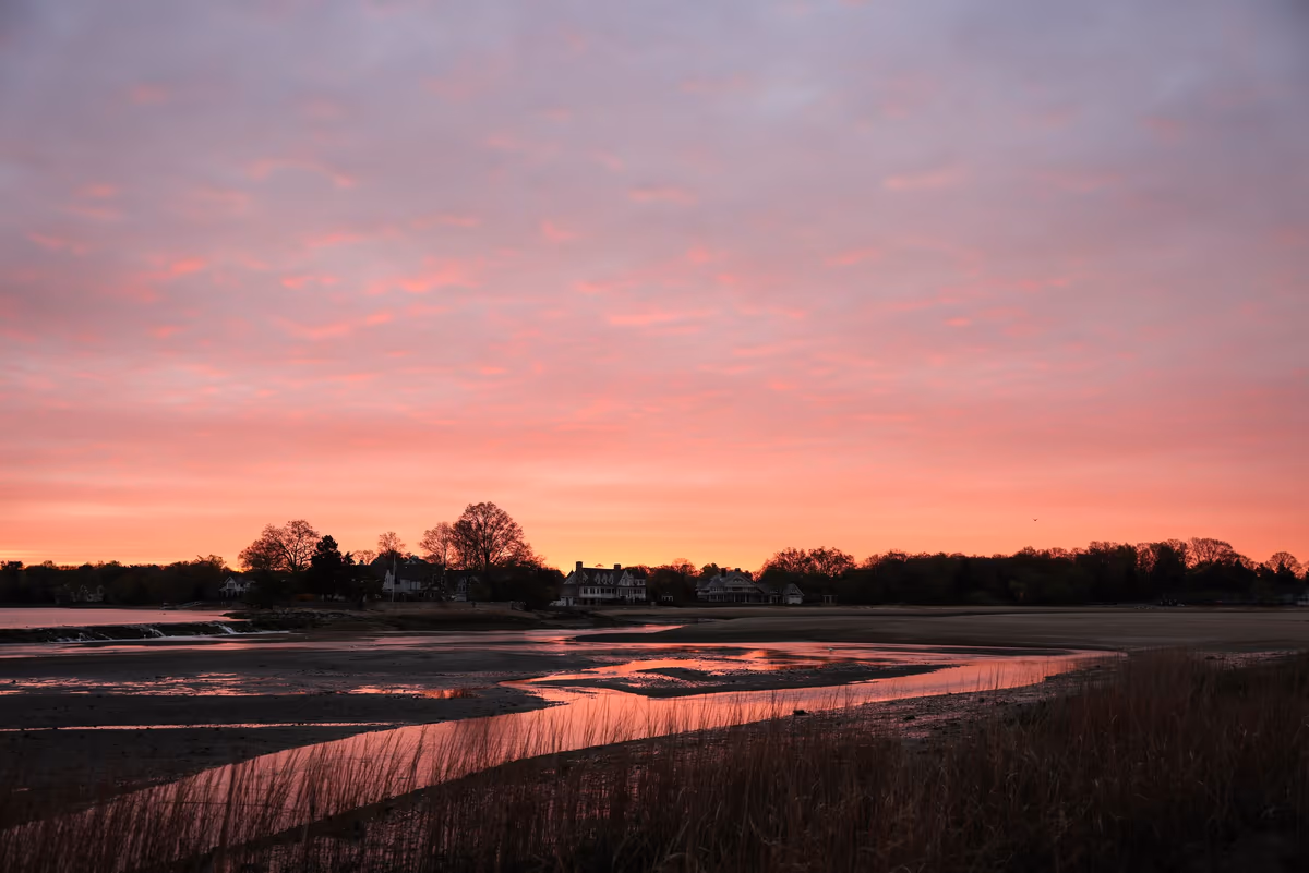 Marais littoral à marée basse, chenaux d'eau et herbes hautes au premier plan, maisons individuelles en lisière de la zone basse