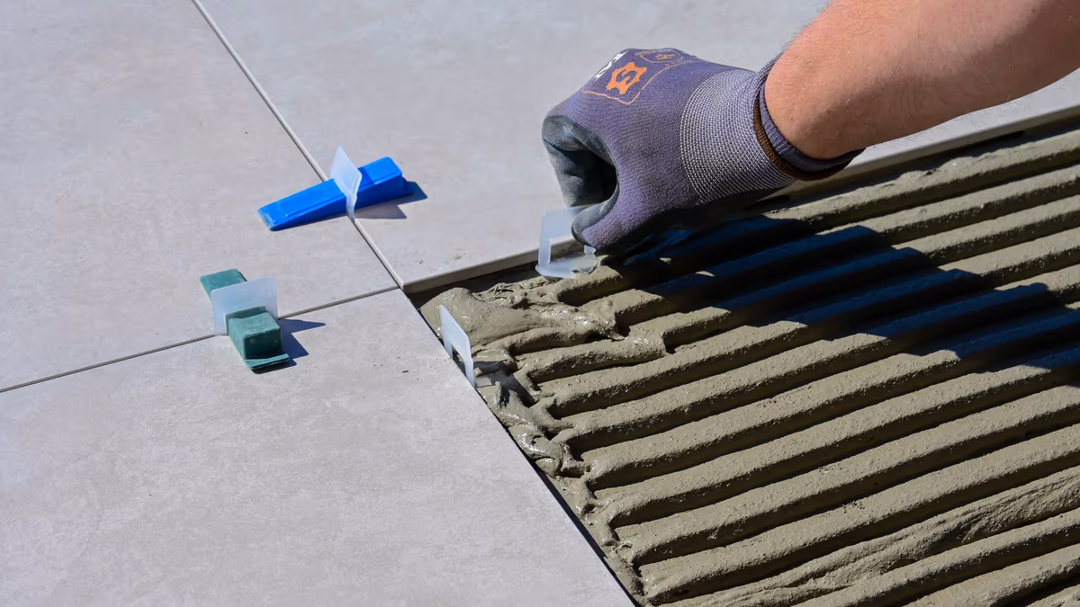 Main gantée posant une croisette de nivellement entre deux grands carreaux, lit de colle peigné visible au premier plan