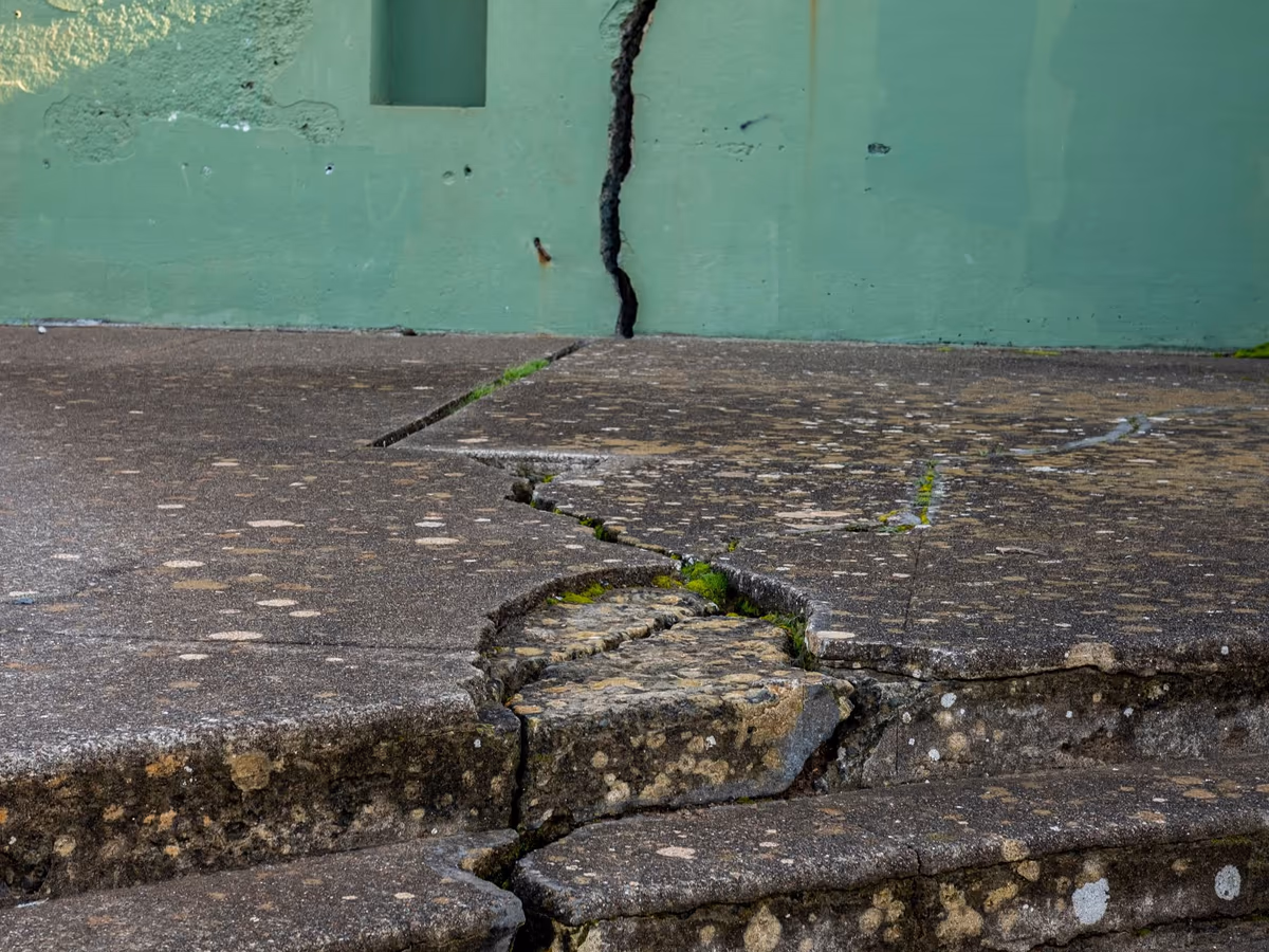 Fissure continue descendant le mur puis traversant le dallage et les marches attenantes, avec un décalage de niveau entre les deux lèvres au droit de l'emmarchement