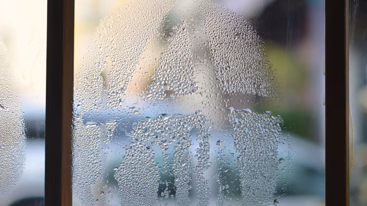 Vitrage intérieur couvert de buée et de gouttes de condensation, encadrement de fenêtre en arrière-plan