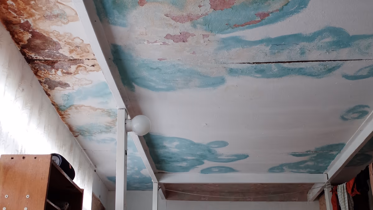 Plafond et rampant d'une chambre couverts de larges auréoles d'humidité après un dégât des eaux, peinture cloquée et enduit décollé