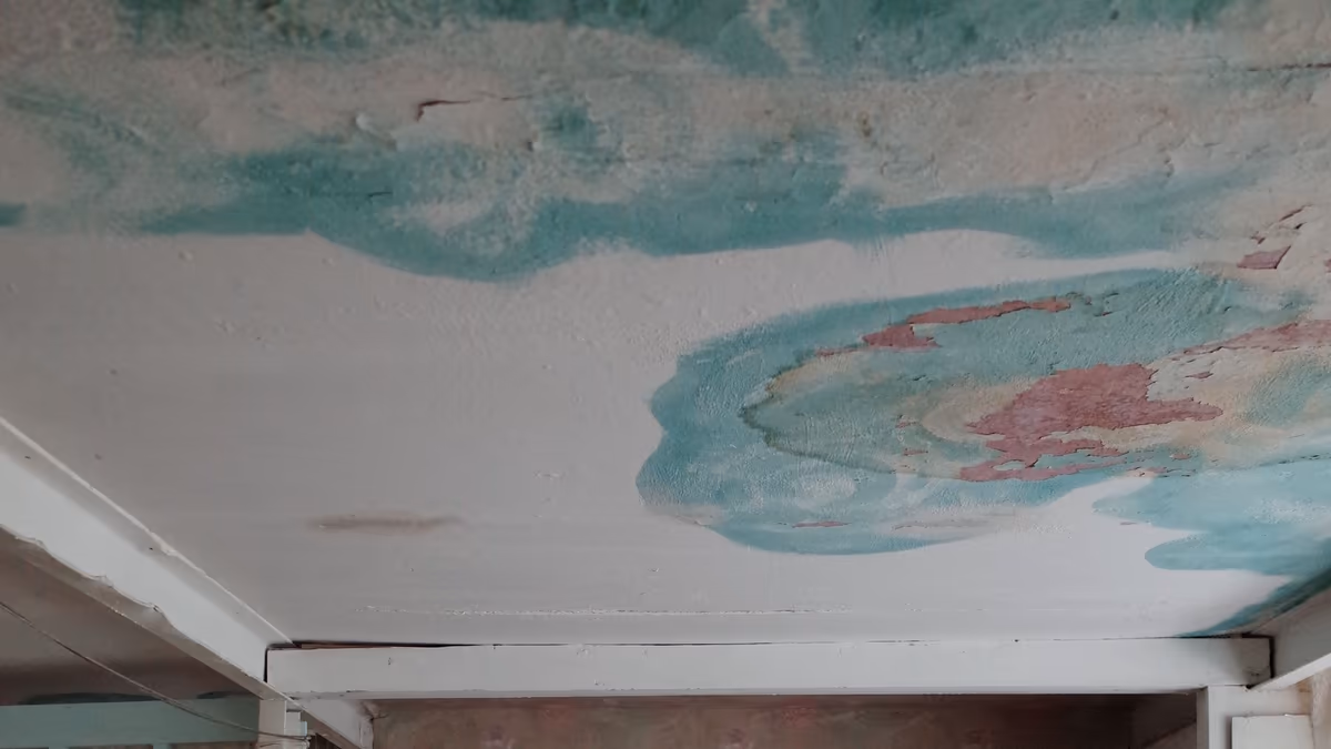 Plafond de chambre marqué de larges auréoles d'humidité, peinture cloquée et écaillée après un dégât des eaux venu du logement du dessus