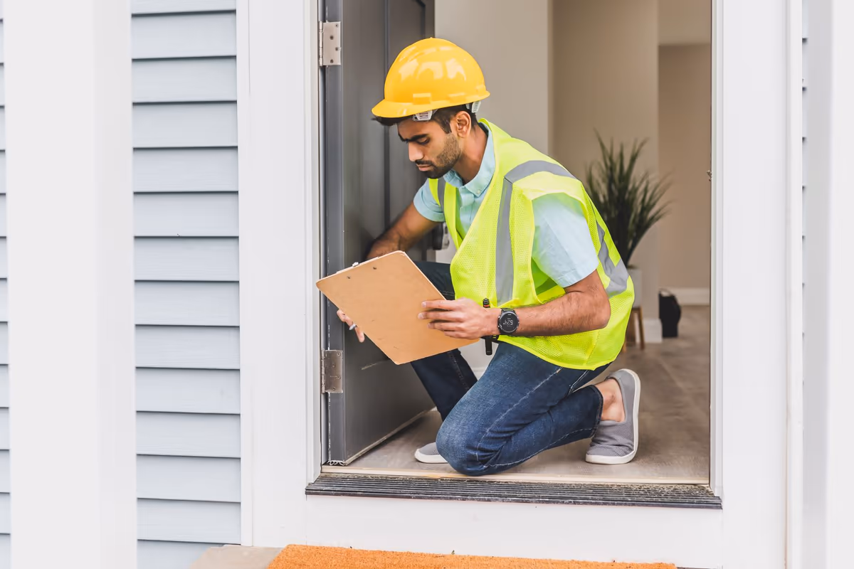 Professionnel en gilet de sécurité et casque, presse-papiers en main, accroupi pour examiner le seuil et le dormant d'une maison individuelle lors d'un relevé sur site
