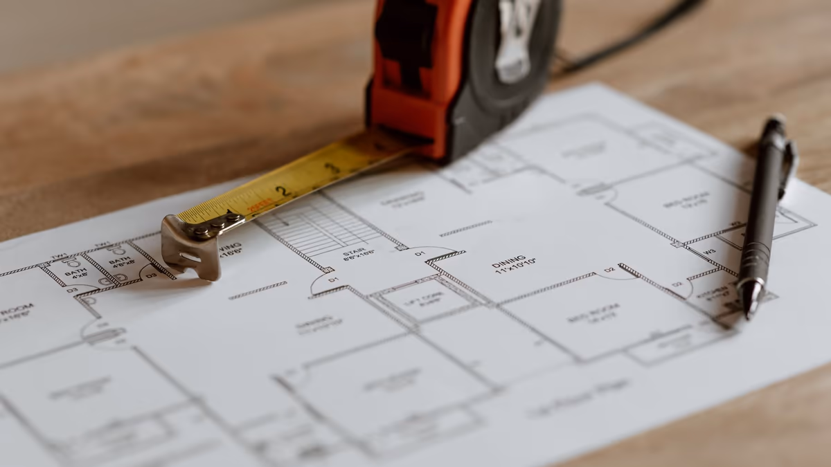 Plan technique d'un logement posé sur un plan de travail, mètre ruban déroulé sur le tracé et stylo noir à côté