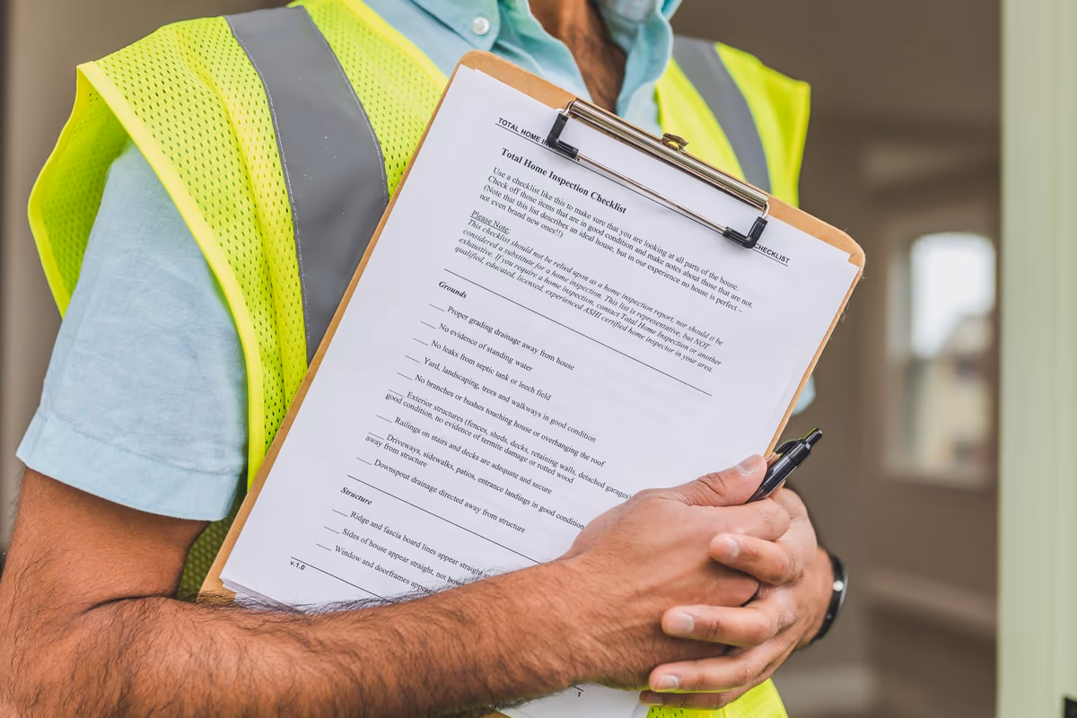 Gros plan sur une check-list d'inspection de logement fixée à un porte-bloc, tenue contre un gilet de chantier, stylo prêt à annoter les constats
