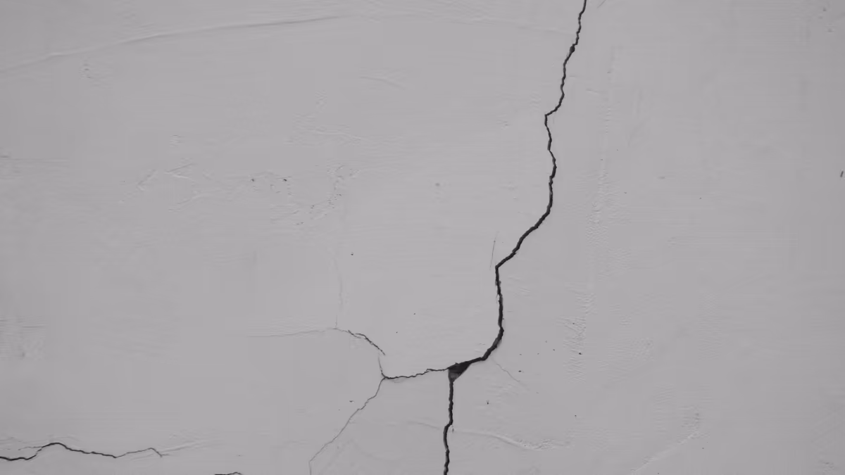 Fissure ramifiée dans l'enduit blanc d'un mur intérieur : un tracé principal oblique se divise en branches plus fines vers le bas du mur