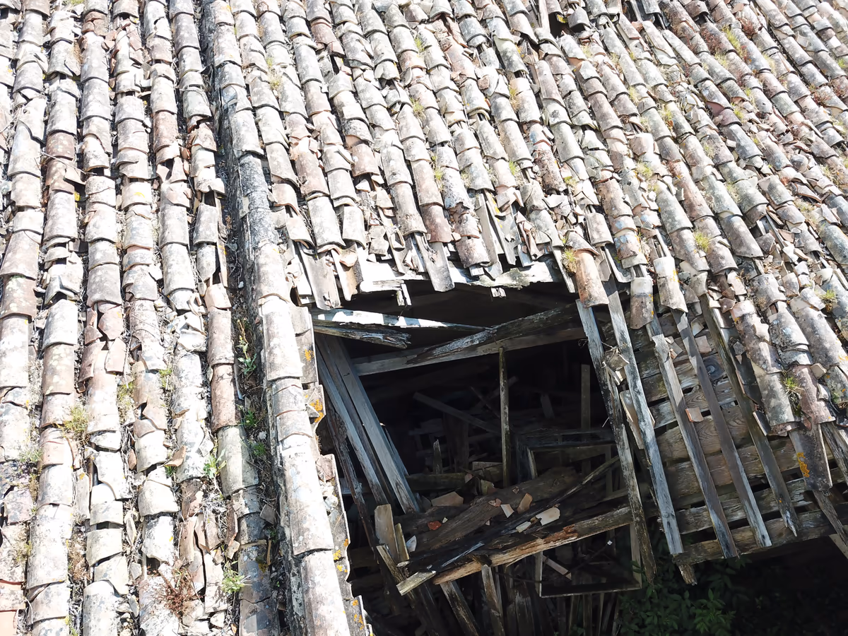 Collapsed clay tile roof exposing the timbers