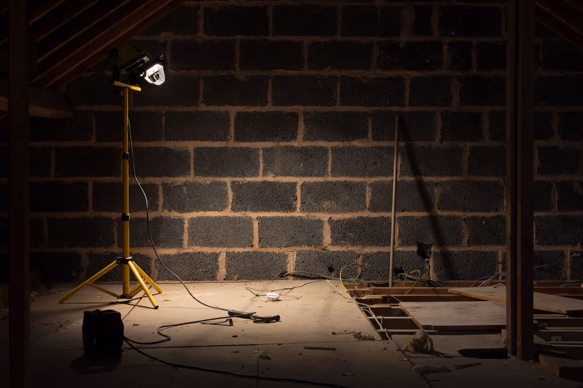 Examen d'un comble à la lampe : projecteur de chantier sur trépied éclairant le pignon et la sous-face du rampant, trémie d'accès ouverte dans le plancher