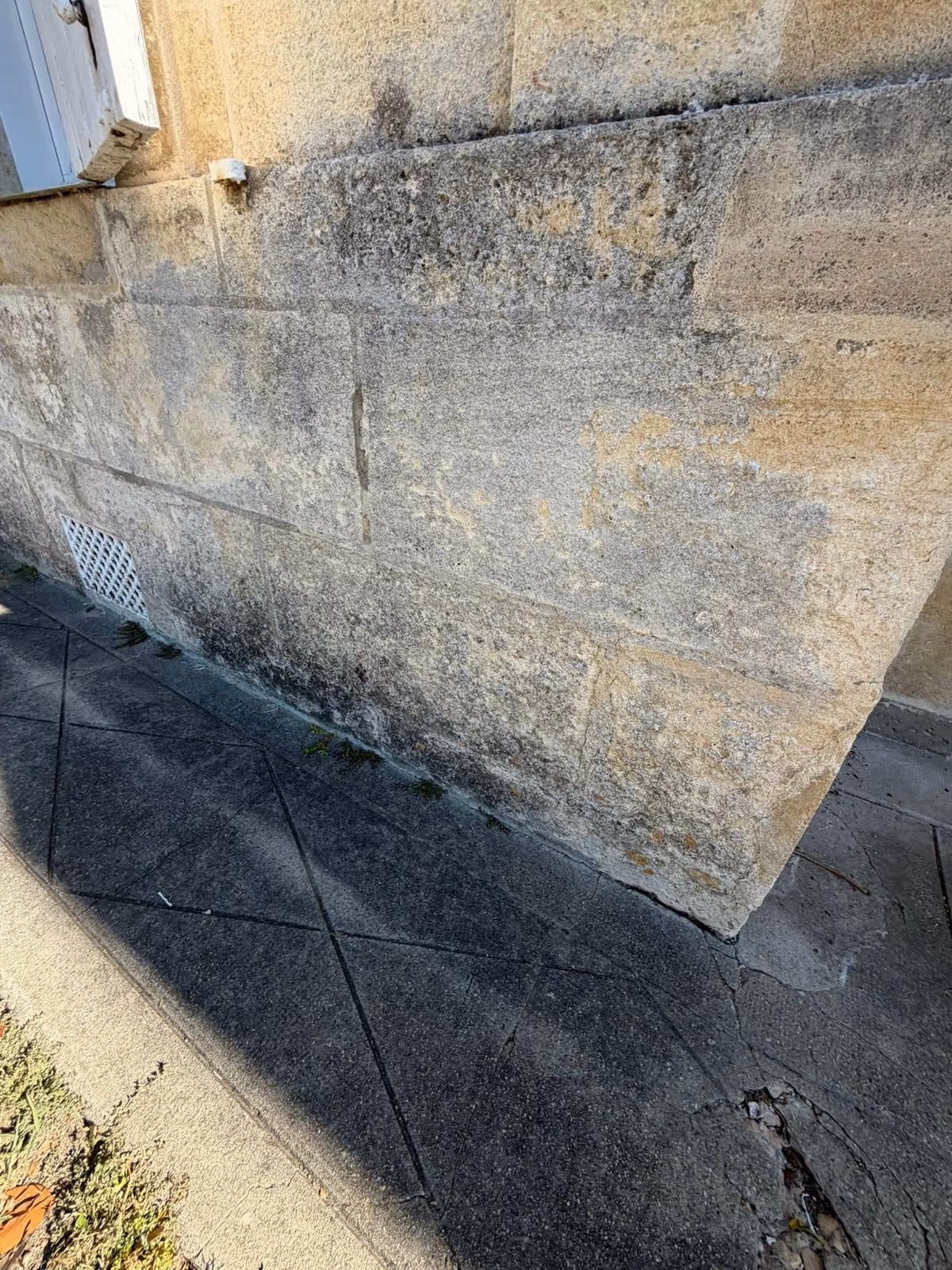 Stone plinth blackened by damp at the foot of a wall