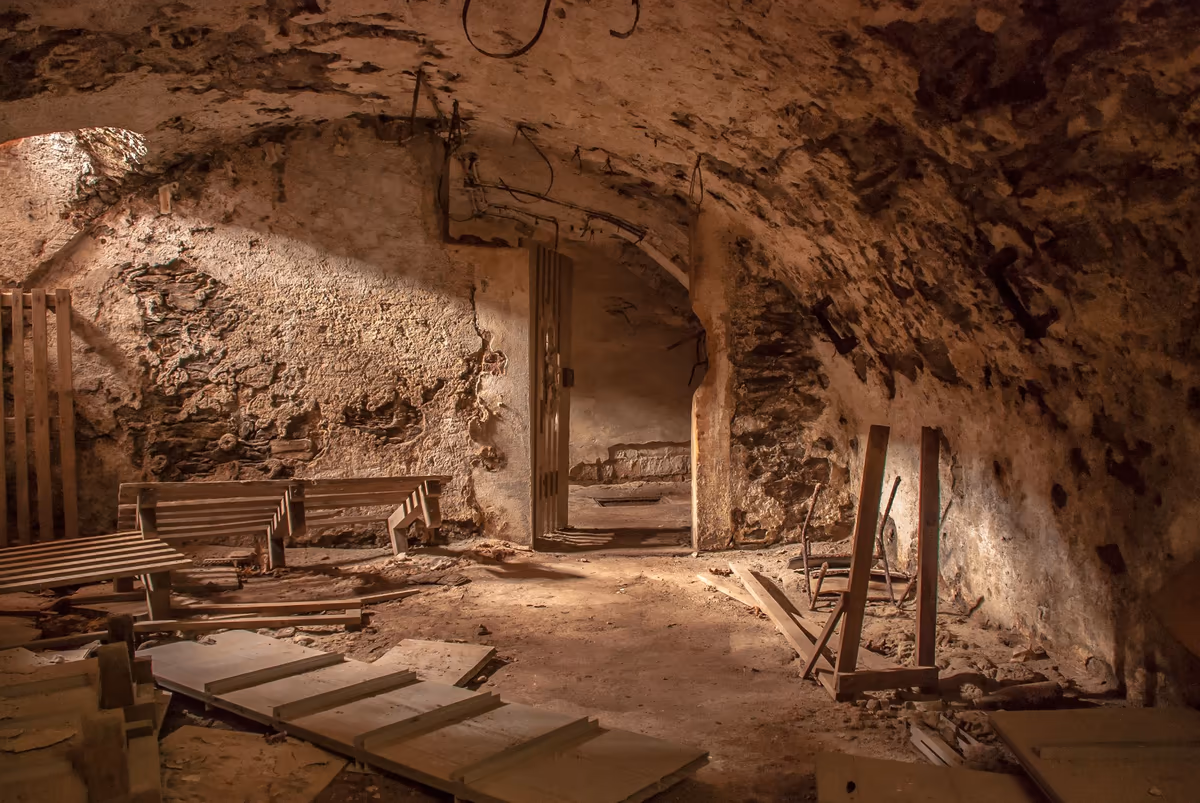Cave voûtée d'une maison ancienne, murs en moellons de pierre sous un enduit dégradé, planches et bois de récupération entreposés à même le sol
