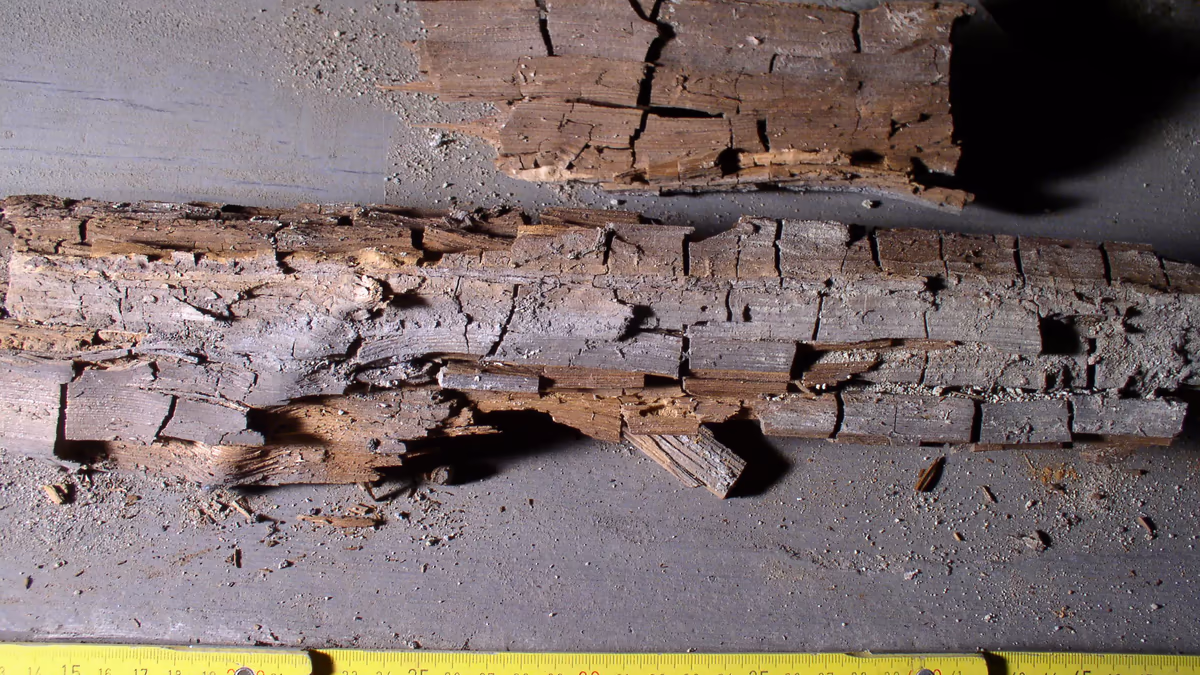 Pièces de bois de structure détruites par la mérule, fendues en petits cubes bruns sous un voile grisâtre, posées au-dessus d'un mètre ruban