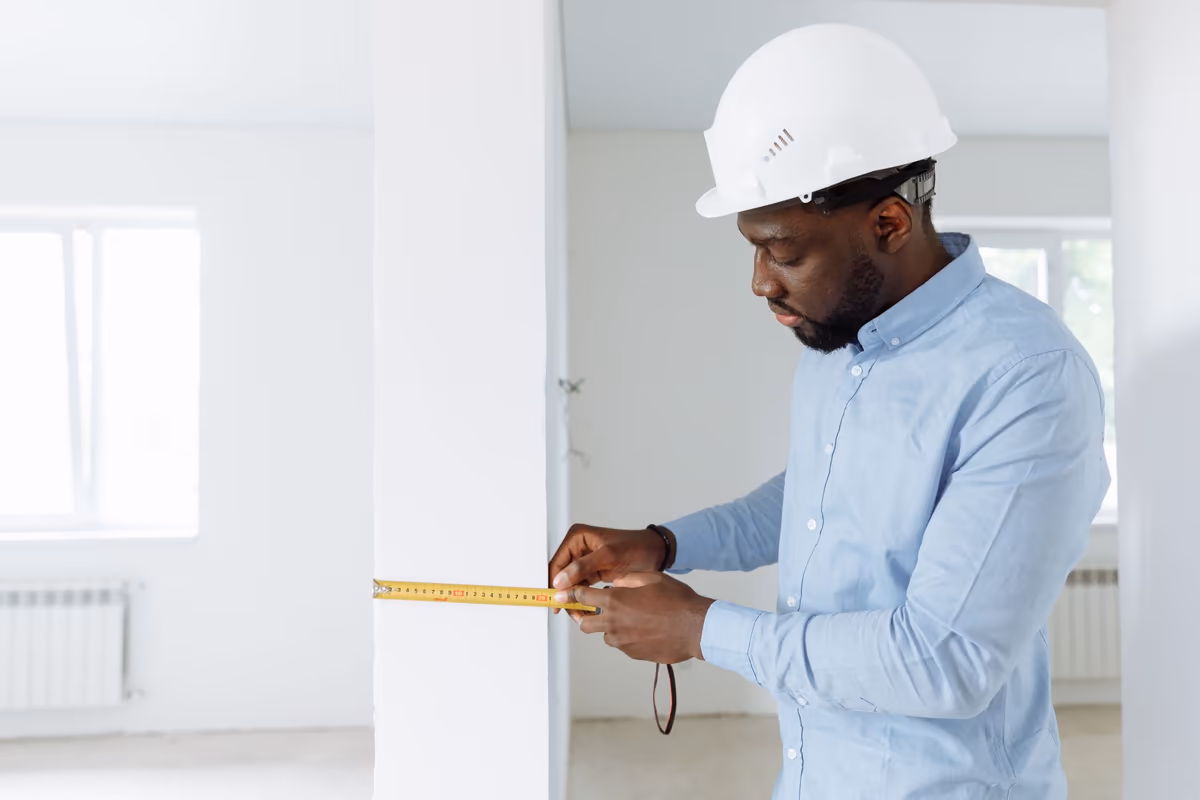 Professionnel casqué relevant au mètre ruban l'épaisseur d'un retour de mur dans un logement neuf encore vide, attente électrique apparente et menuiseries posées derrière lui