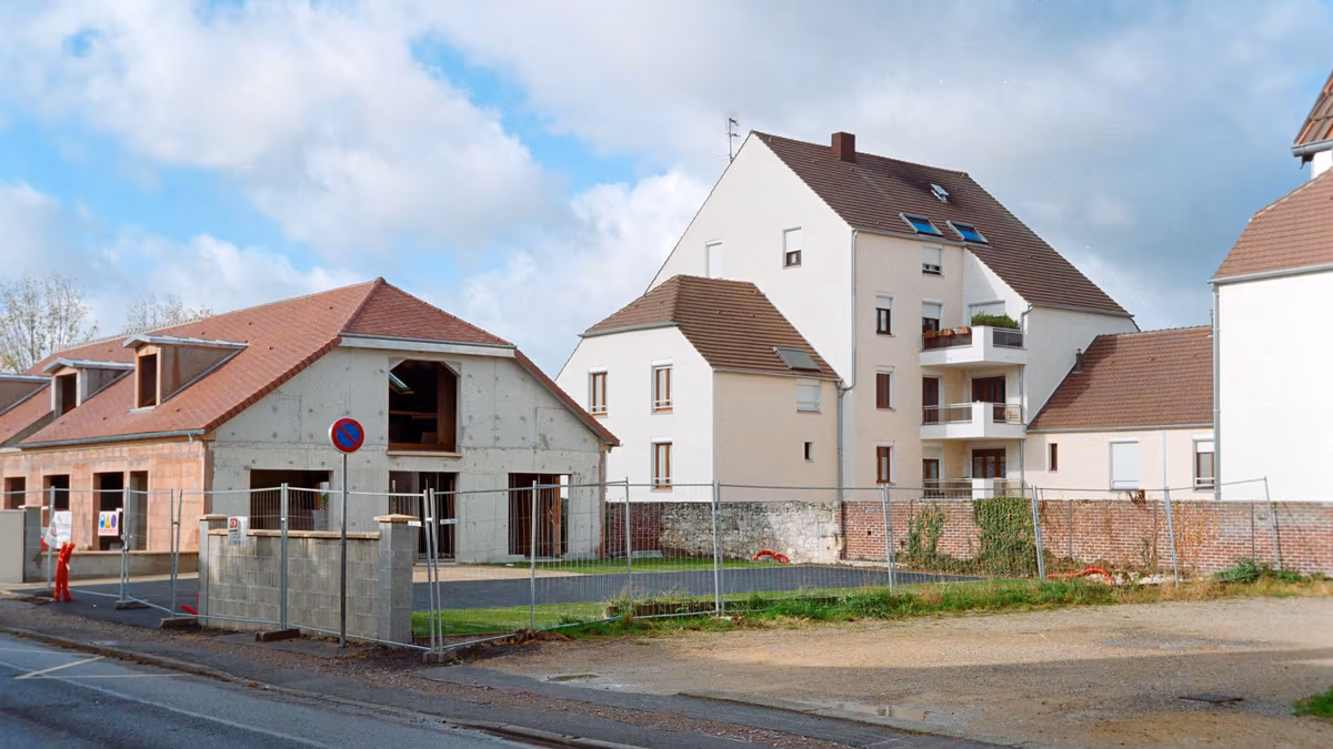 Maison individuelle neuve en construction dans un quartier français, murs montés en blocs béton et charpente couverte de tuiles, baies encore ouvertes et clôture de chantier en limite de rue