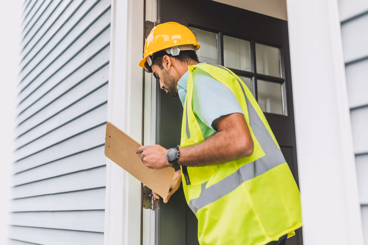 Technicien en visite de constat devant l'entrée d'une maison, porte-bloc en main, examinant le dormant et la jonction du bâti