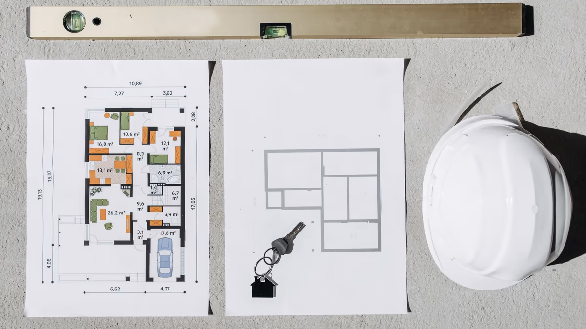 Plans d'une maison individuelle cotés en mètres carrés, niveau à bulle, casque de chantier et clés posés sur une dalle béton