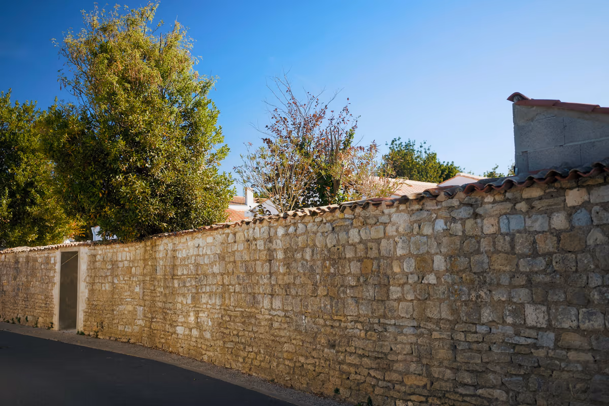 Long mur de clôture en moellons calcaires couronné de tuiles canal, arbres d'un jardin dont les branches dépassent au-dessus du mur, petite porte et toits voisins en arrière-plan