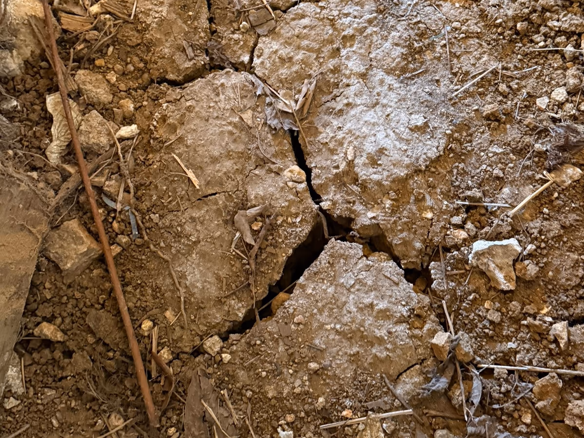 Terre sèche fendue en plaques polygonales, avec une fente plus large et profonde au centre, au pied d'un bâtiment