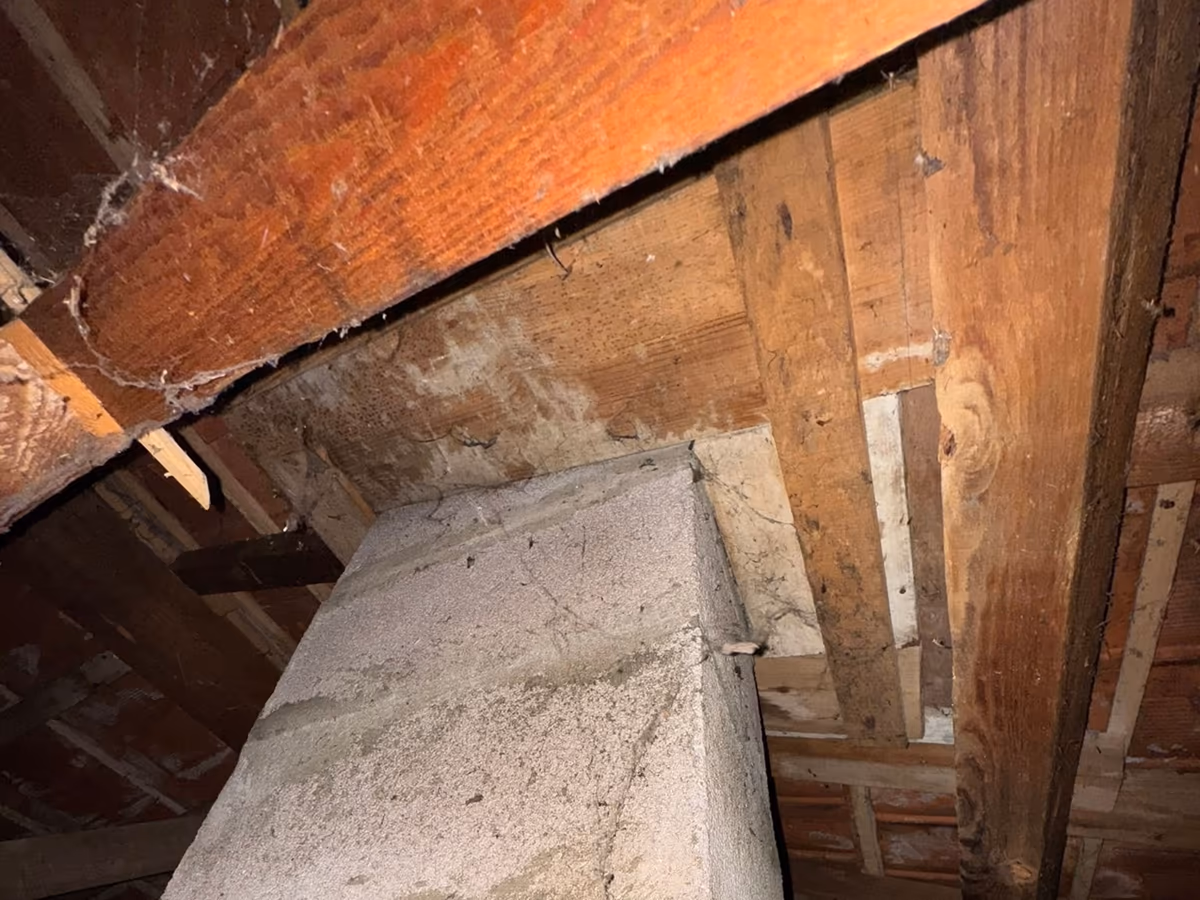 Comble d'une maison ancienne vu à la lampe : pannes, chevrons et liteaux en bois sous les tuiles, conduit maçonné qui monte au contact de la charpente