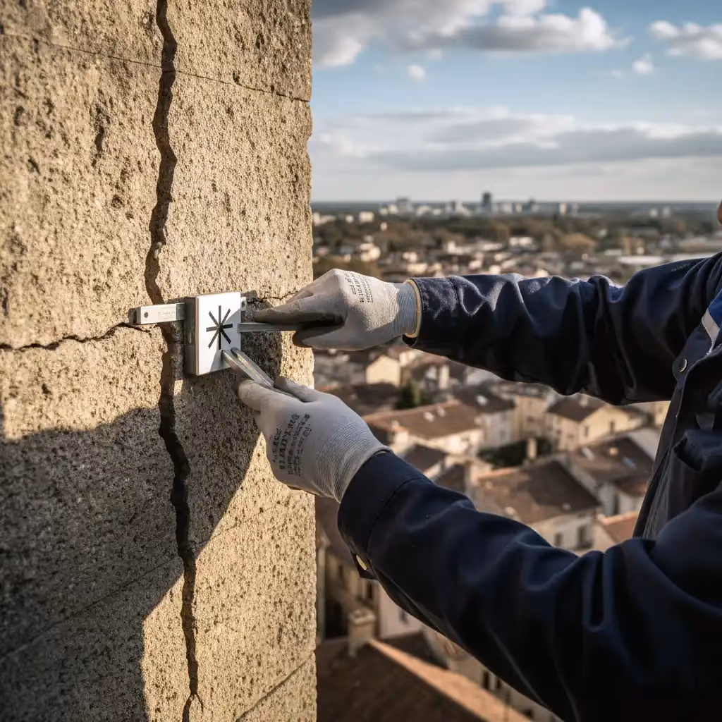 Expert bâtiment en gants posant un gabarit de mesure sur une fissure de façade, geste d'inspection technique sur un chantier